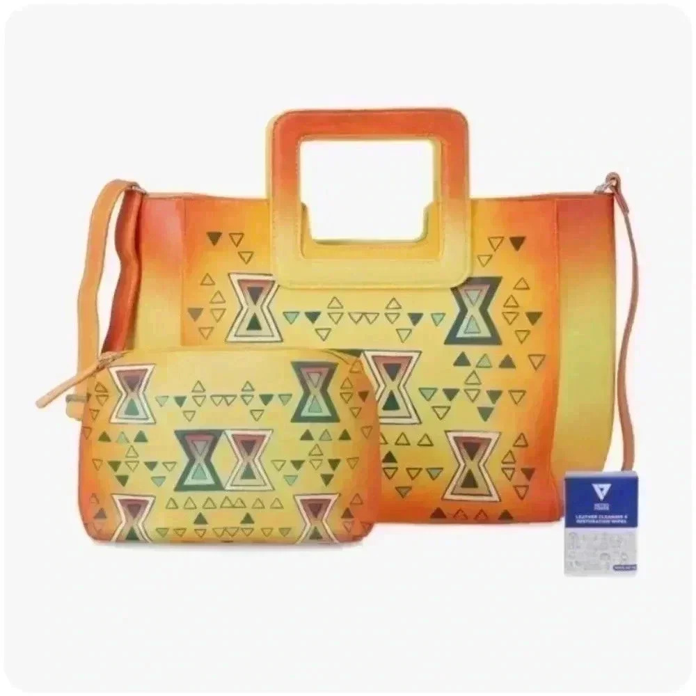 SUKRITI Set of 3, Orange & Yellow Geometric Hand Painted Leather Tote Bag